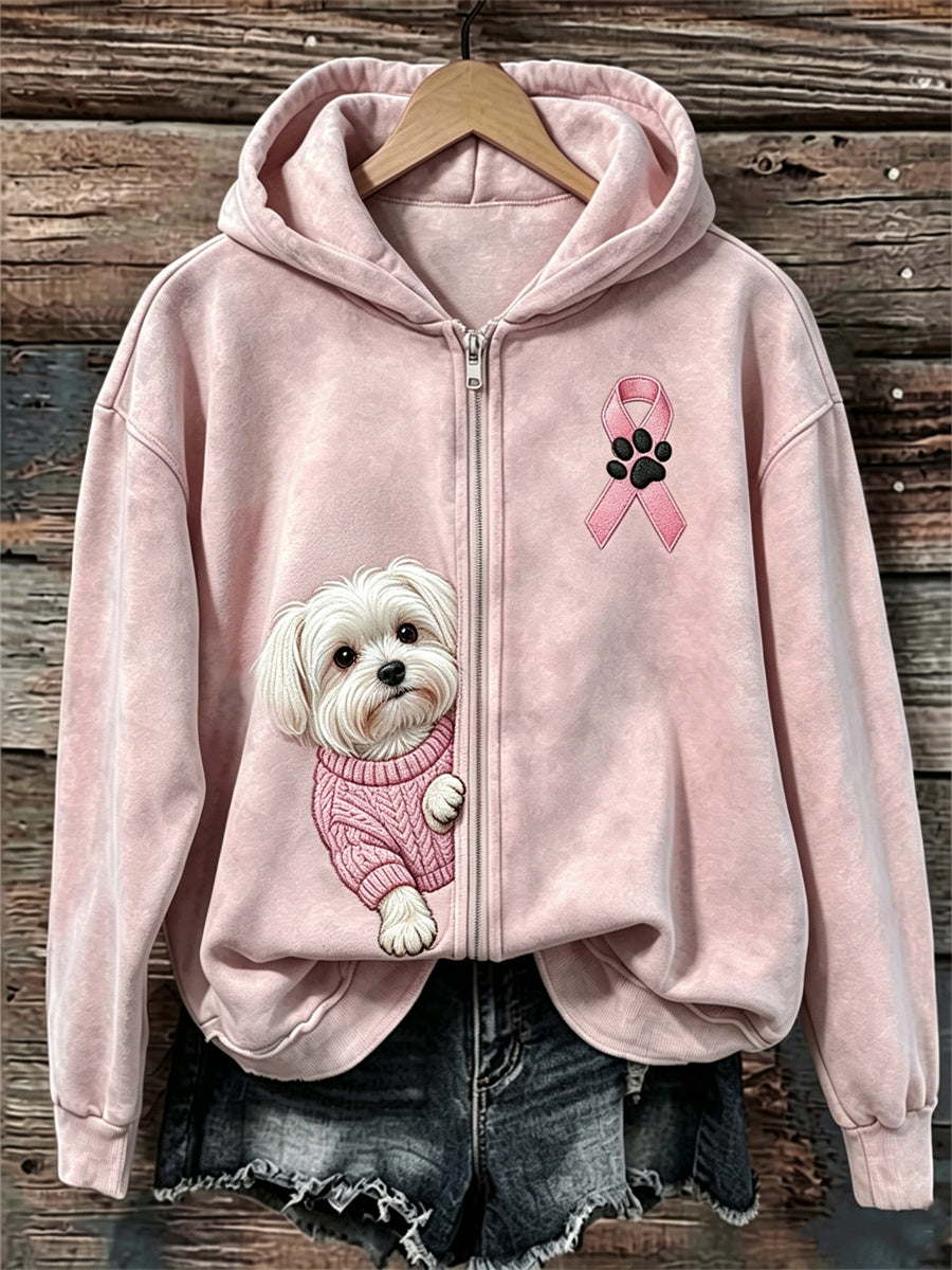 Kvinnors kikande maltesiska hund Pink Ribbon Bröstcancer medvetenhet full Zip Hoodie.
