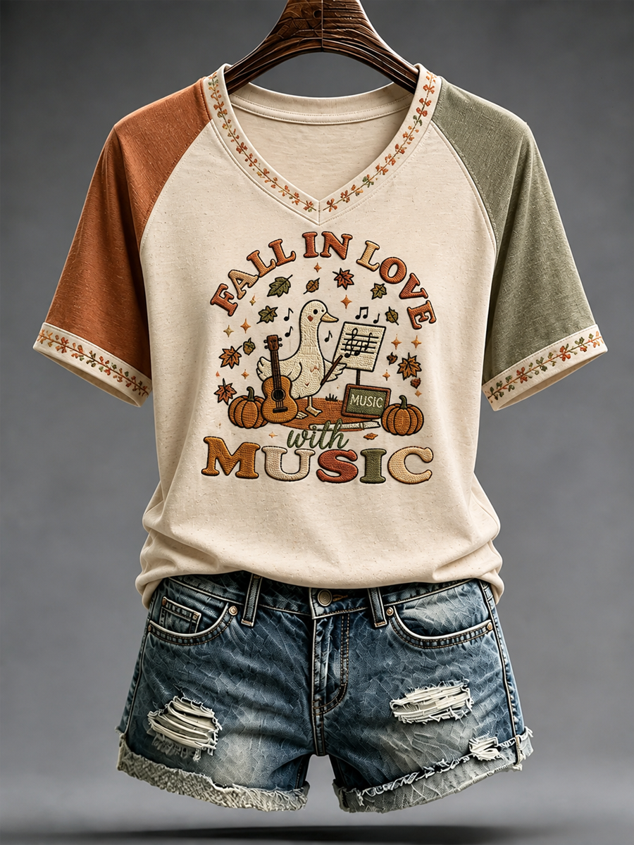 Kvinnors höstmusik Peinted V-hals off-axel kortärmad T-shirt