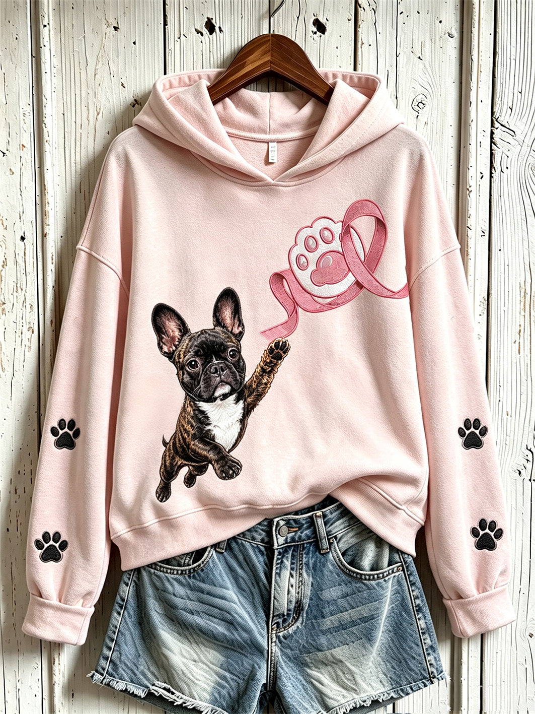 Kvinnlig långärmad sweatshirt med söt hundmönster och temat bröstcancer, i avslappnad stil