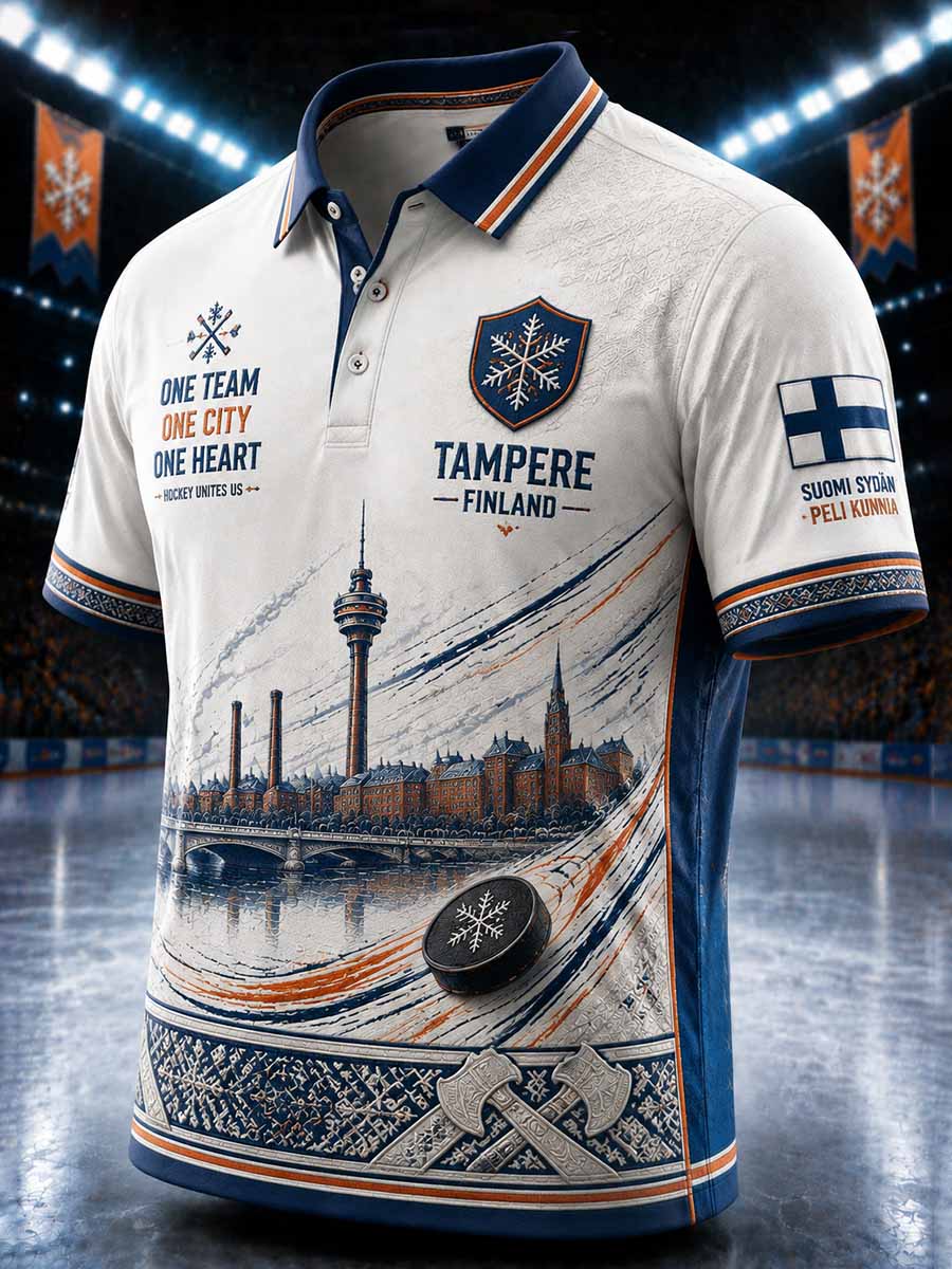 Herrpolotröja i finsk ishockeystil med yxemönster tryckt, Tampere