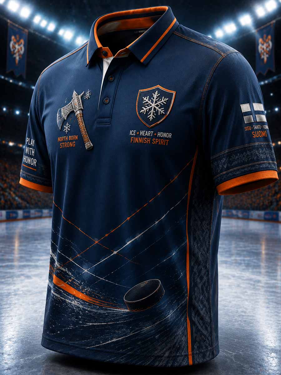 Herrpolotröja i finsk ishockeystil med yxemönster tryckt, Tampere