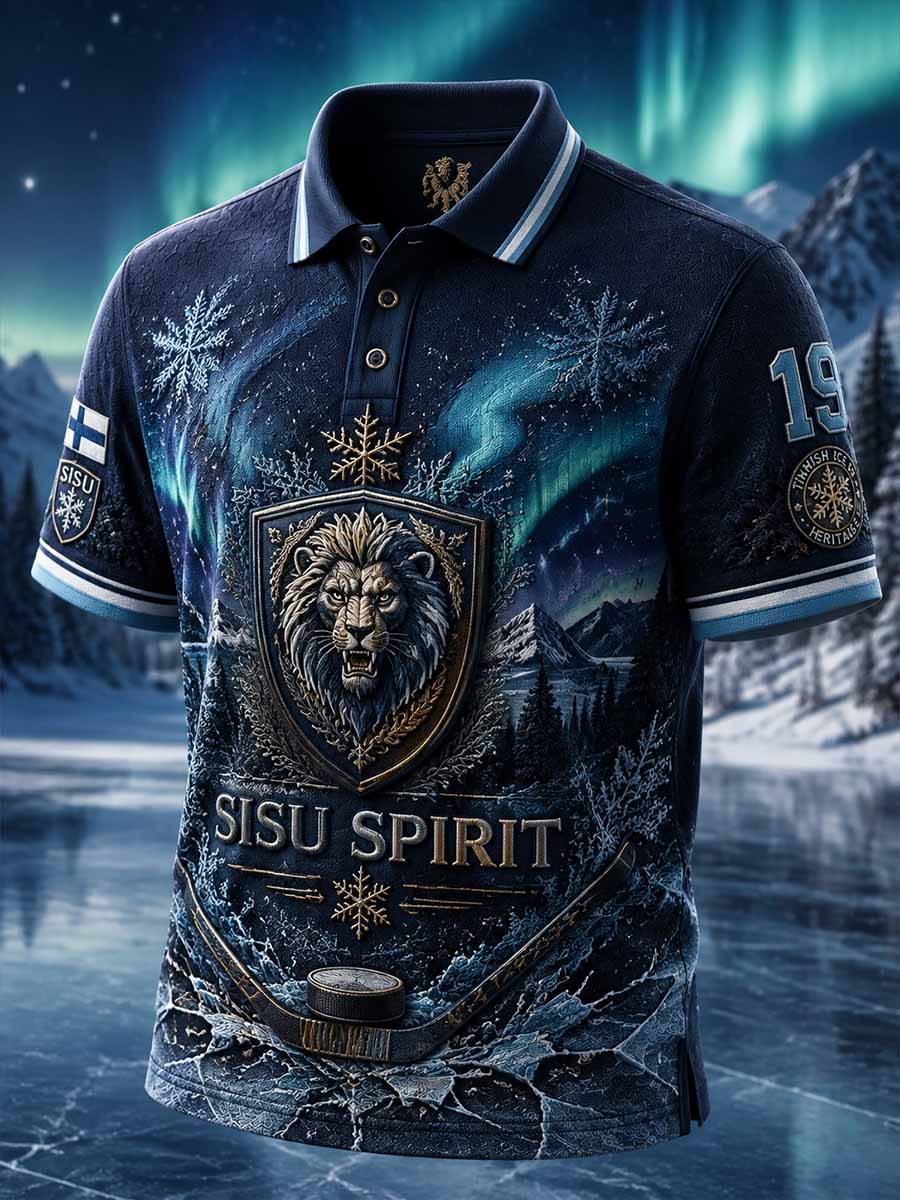 Herrmode Finland Ishockey Matchmönster Tryckt Polotröja