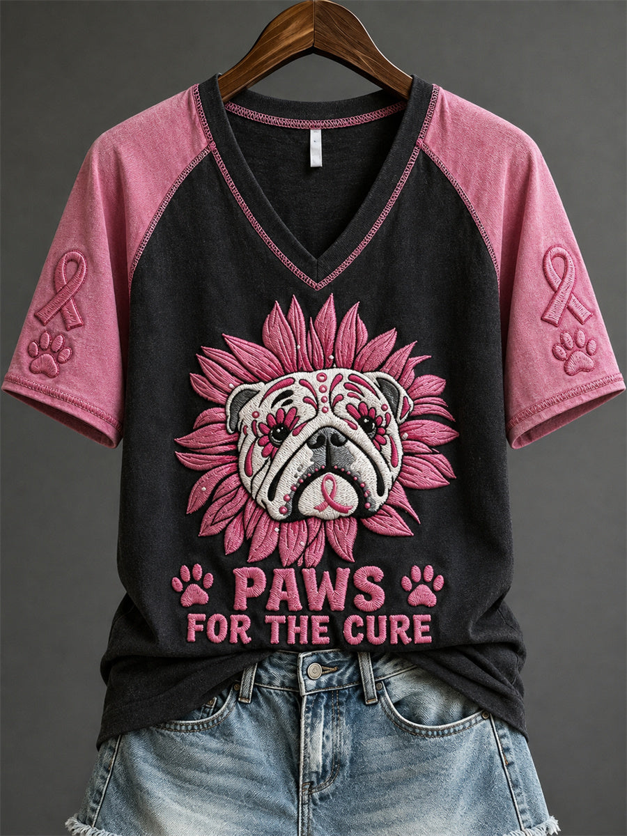 Damer Paws for the Cure bulldogg t-shirt med rosa sockerskalltryck och korta ärmar
