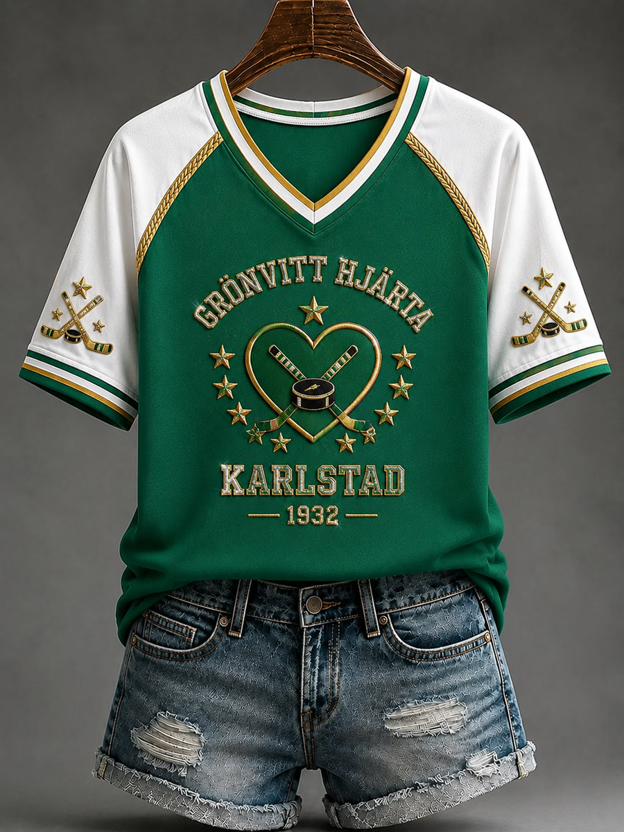 Karlstad Grönt hjärta Hockeysläkt V-ringad T-shirt
