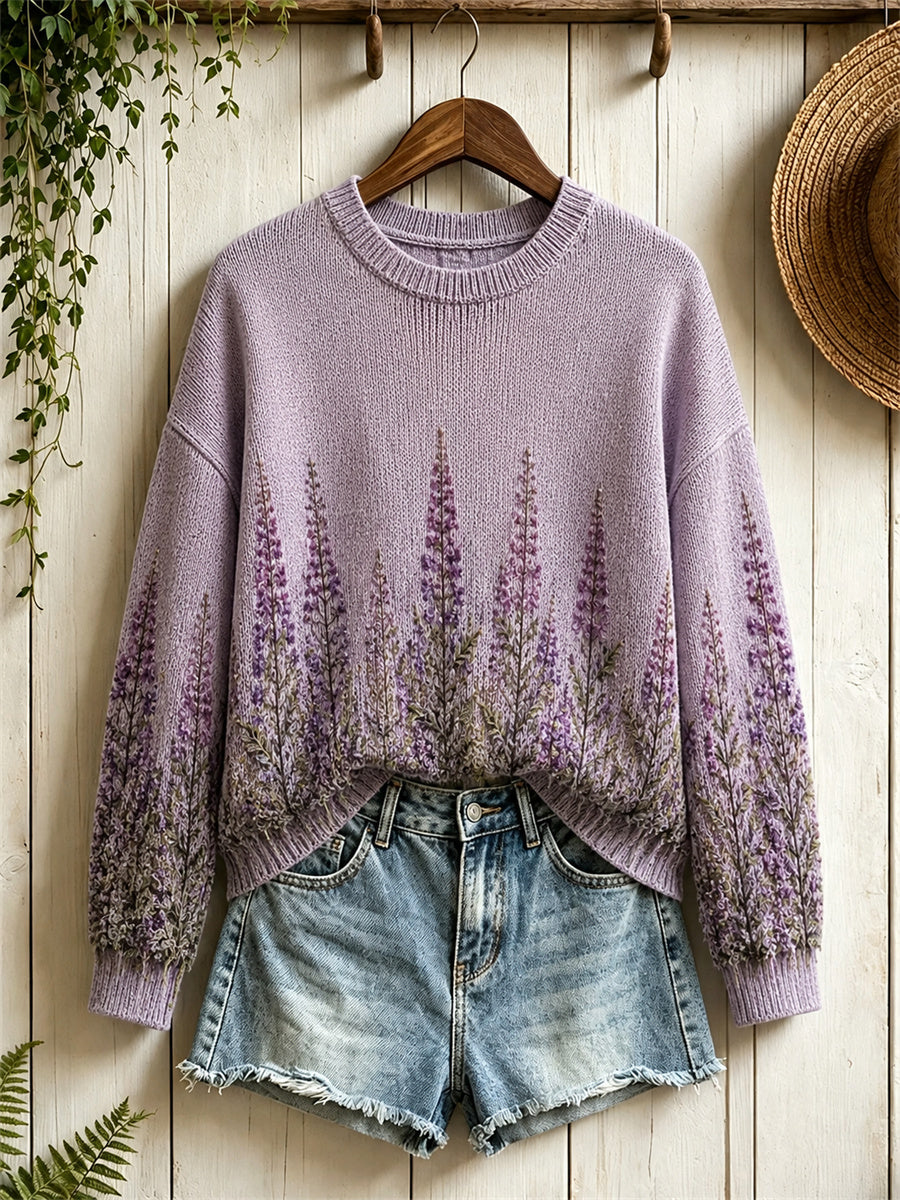 Kvinnors Vintage Skog Lavendel Floral Print besättning hals tröjar