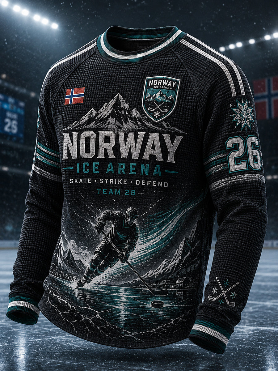 Manströja i våffelstickning med långa raglanärmar och hockeymotiv