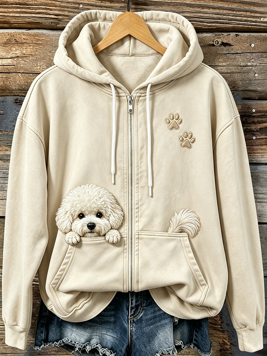 Kvinnors Vintage Peeking Bichon Frise & Tass Print Mysig Zip-Up Hoodie.