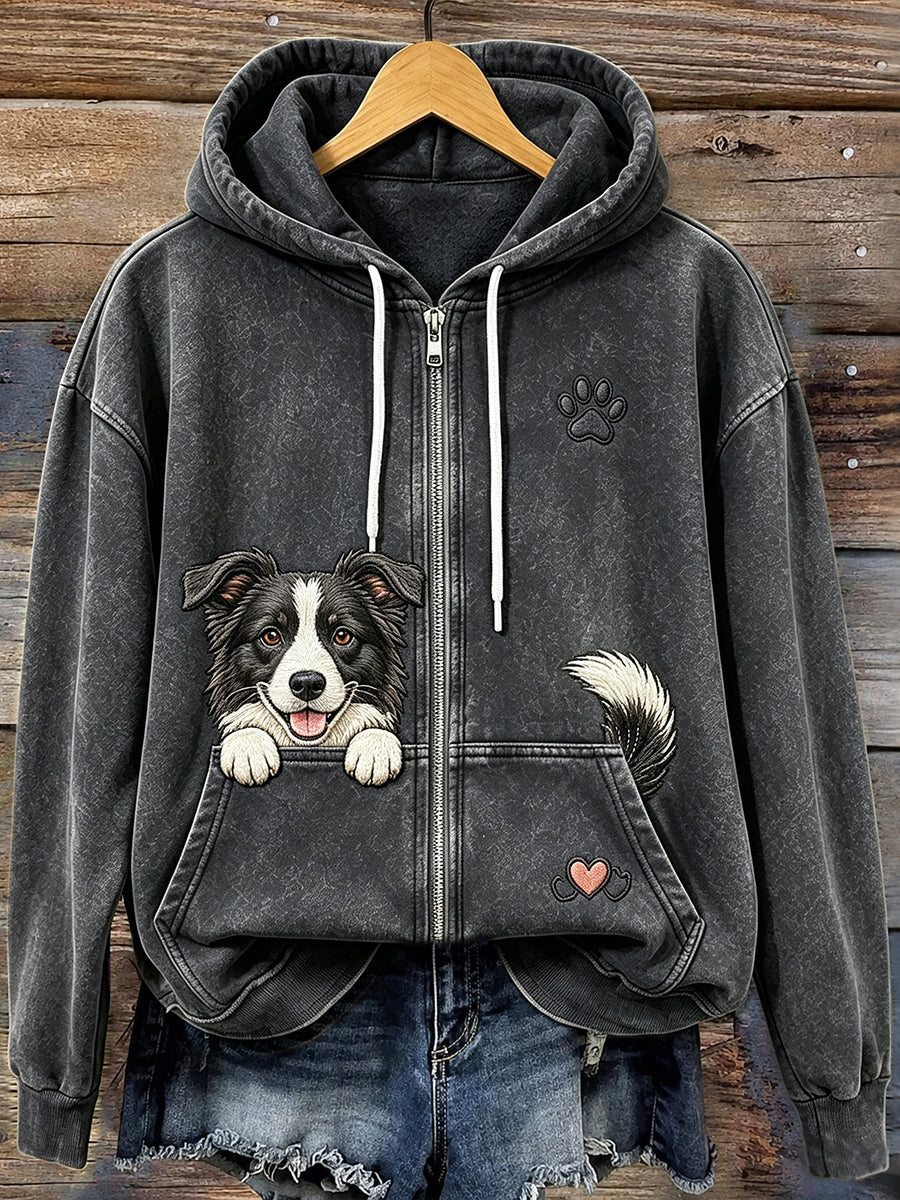 Kvinnors Vintage Peeking Border Collie & Tass Print Mysig Zip-Up Hoodie.