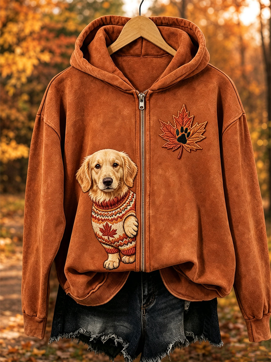 Kvinnor fall Mysigt Peeking Golden Retriever Dog & Leaf Skriv ut full Zip Hoodie Full