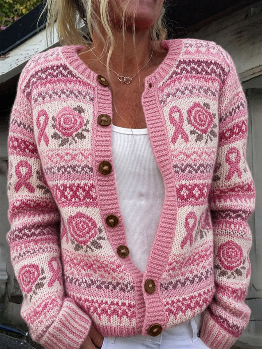 Kvinnlig vintage rosa rosor bröstcancerband Isle-mönstertryckt kofta