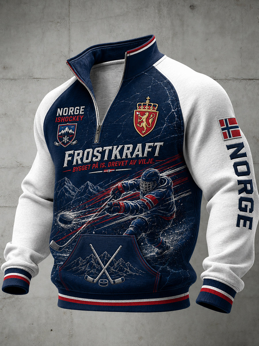 Herrens raglan-ärm zip-upp med hockey-tema tryckt