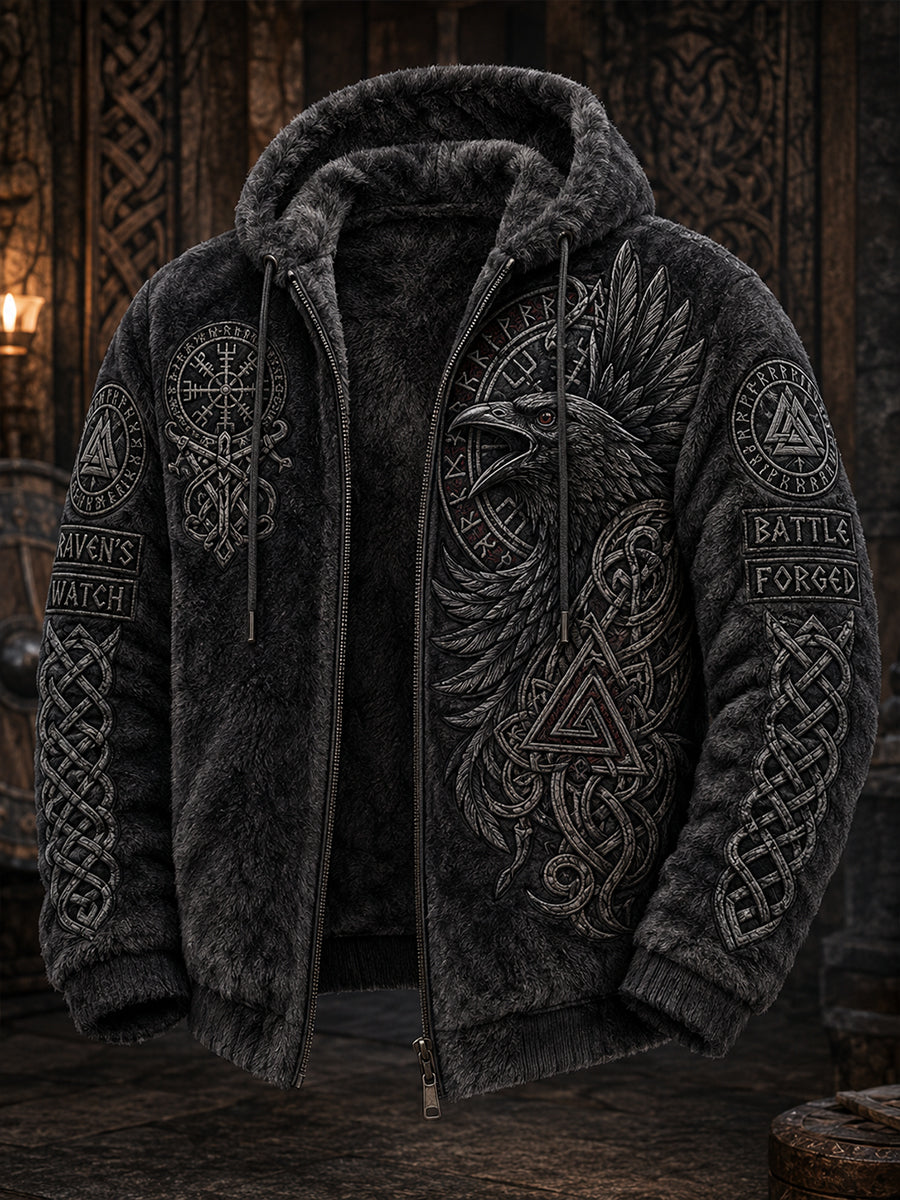 Mäns Vintage-styl flannel Hoodie med viking inspirerad trykt
