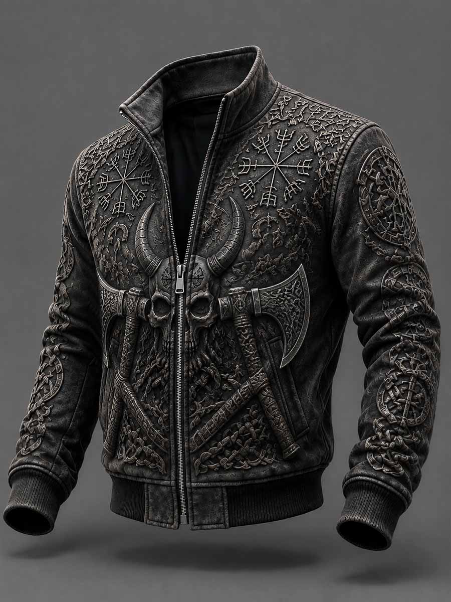Mäns Vintage Viking Forest Skull Tryck Jacka