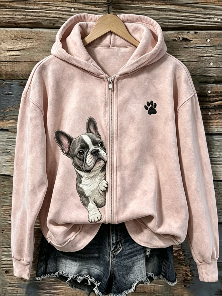 Kvinnors kikande franska Bulldog & Paw Print Full Zip Hoodie Zip