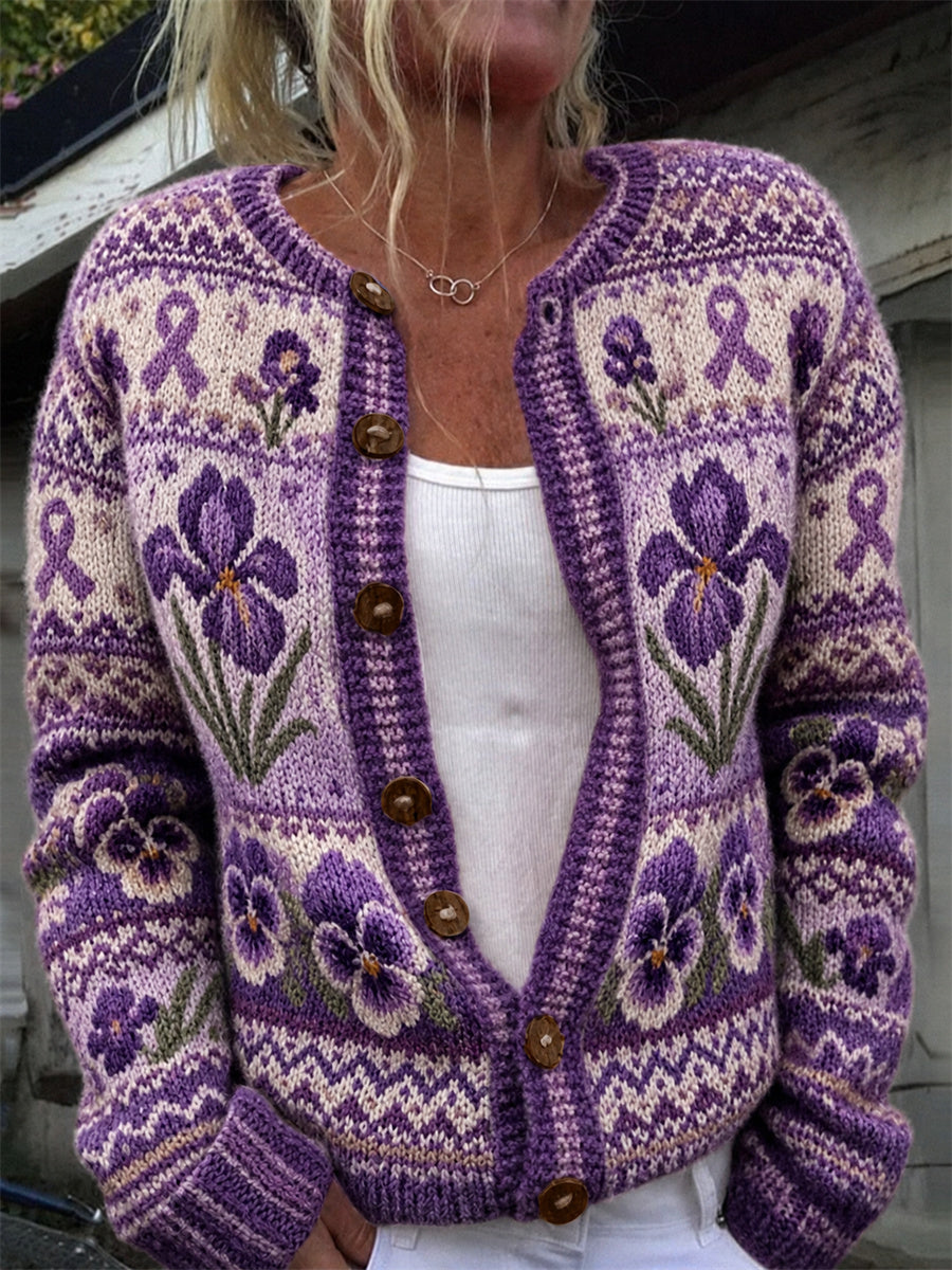Kvinnors Vintage Lilla Ribbon Lila Irises & Pansy Blommor Isle Mönster Skriv ut Cardigan