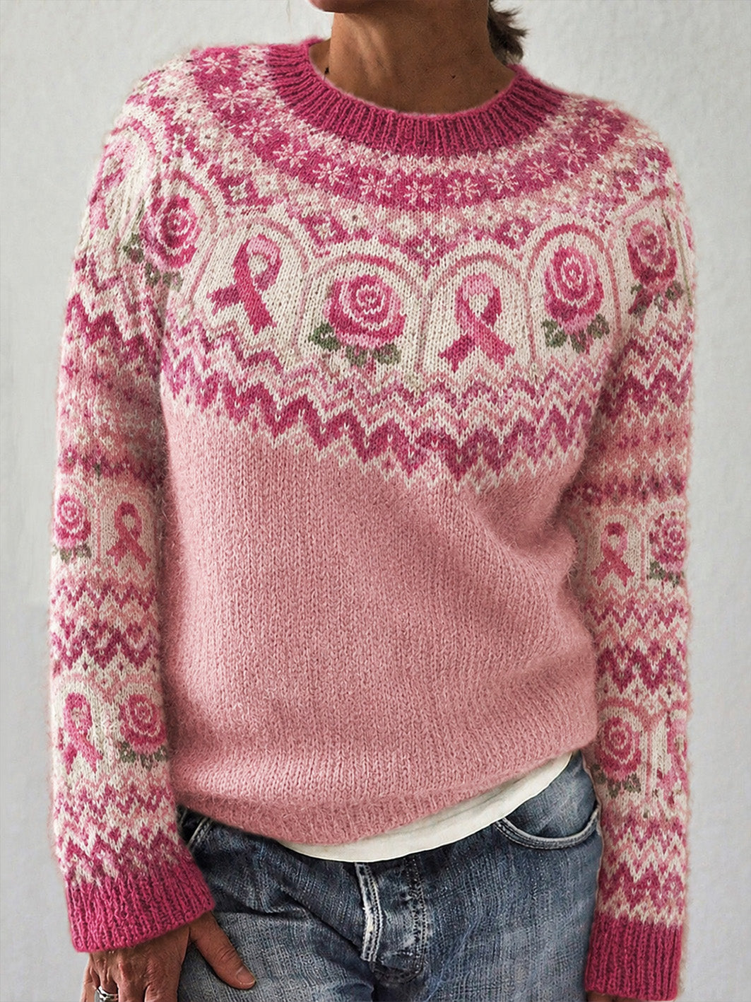 Kvinnors rosa blomma och rosa välgörenhet Ribbon mönster tryckt Casual Lång ärm tröjar