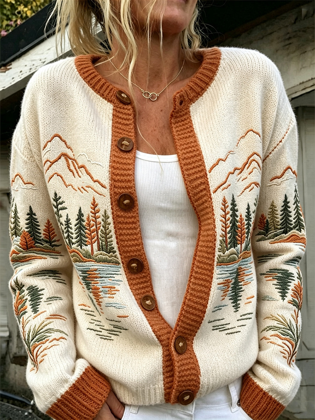 Kvinnors höst skogsmönster orsak Cardigan-stil sticka jacka