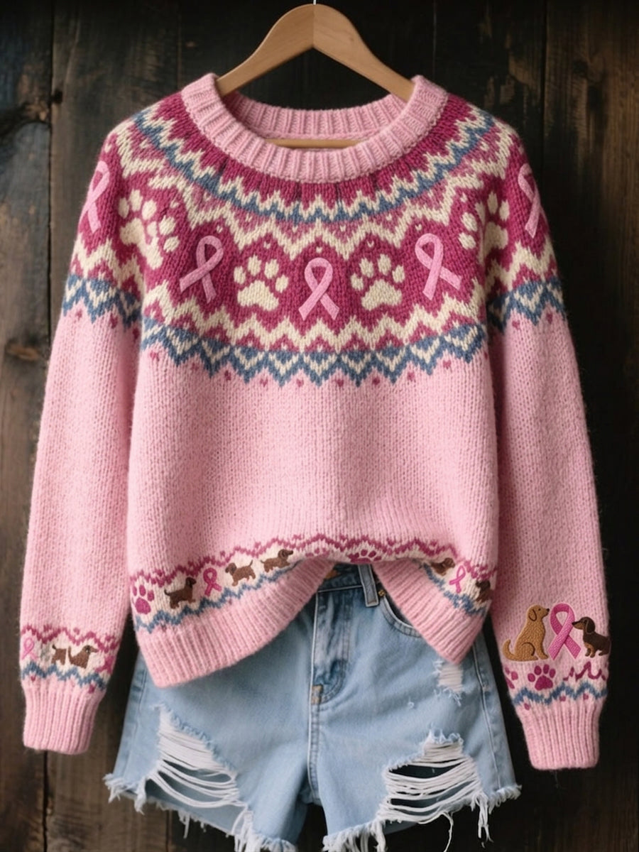 Damvintertröja i vintagestil med rosa rosett- och hundtassmönster, mysig stickning