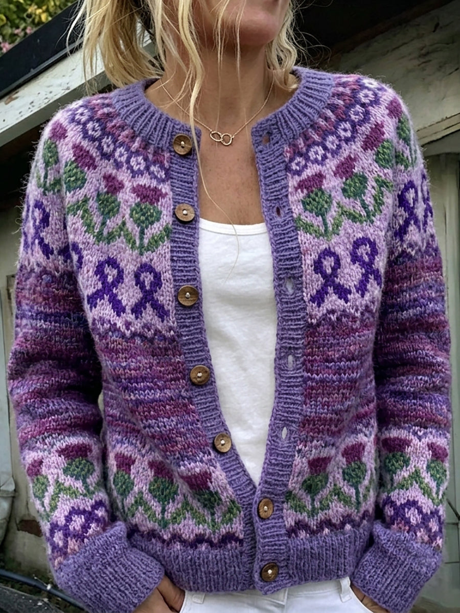 Kvinnlig vintage-väst med lila rosett och skotsk tistel-mönster