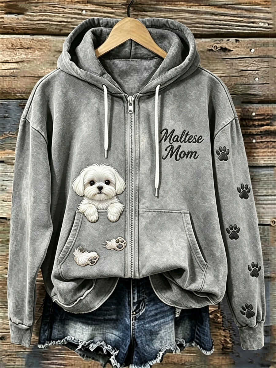 Kvinnors kikande maltesiska hund maltesiska mamma tassar Prints Full Zip Hoodie.