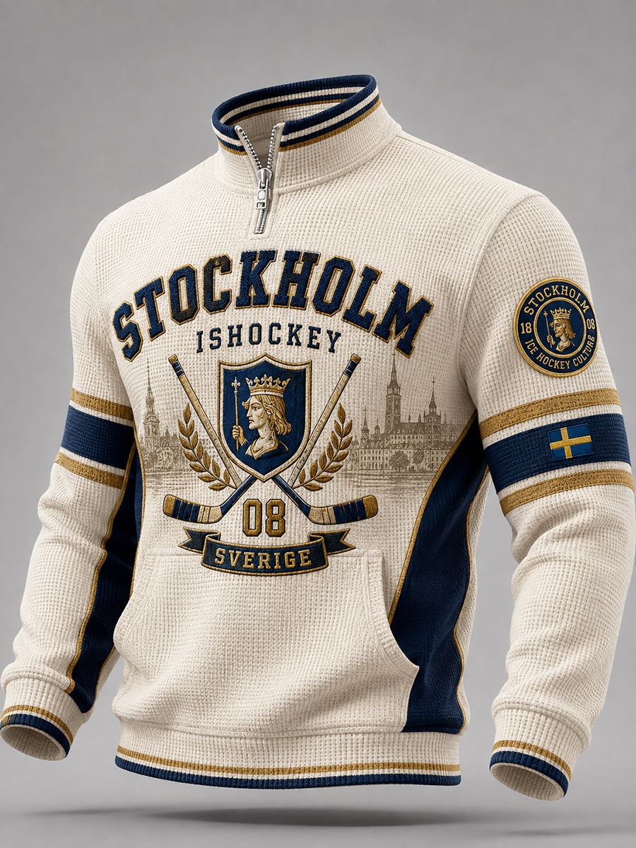 Men's Vintage Stockholm Sverige Ishockey Waffle Lång ärm T-shirt