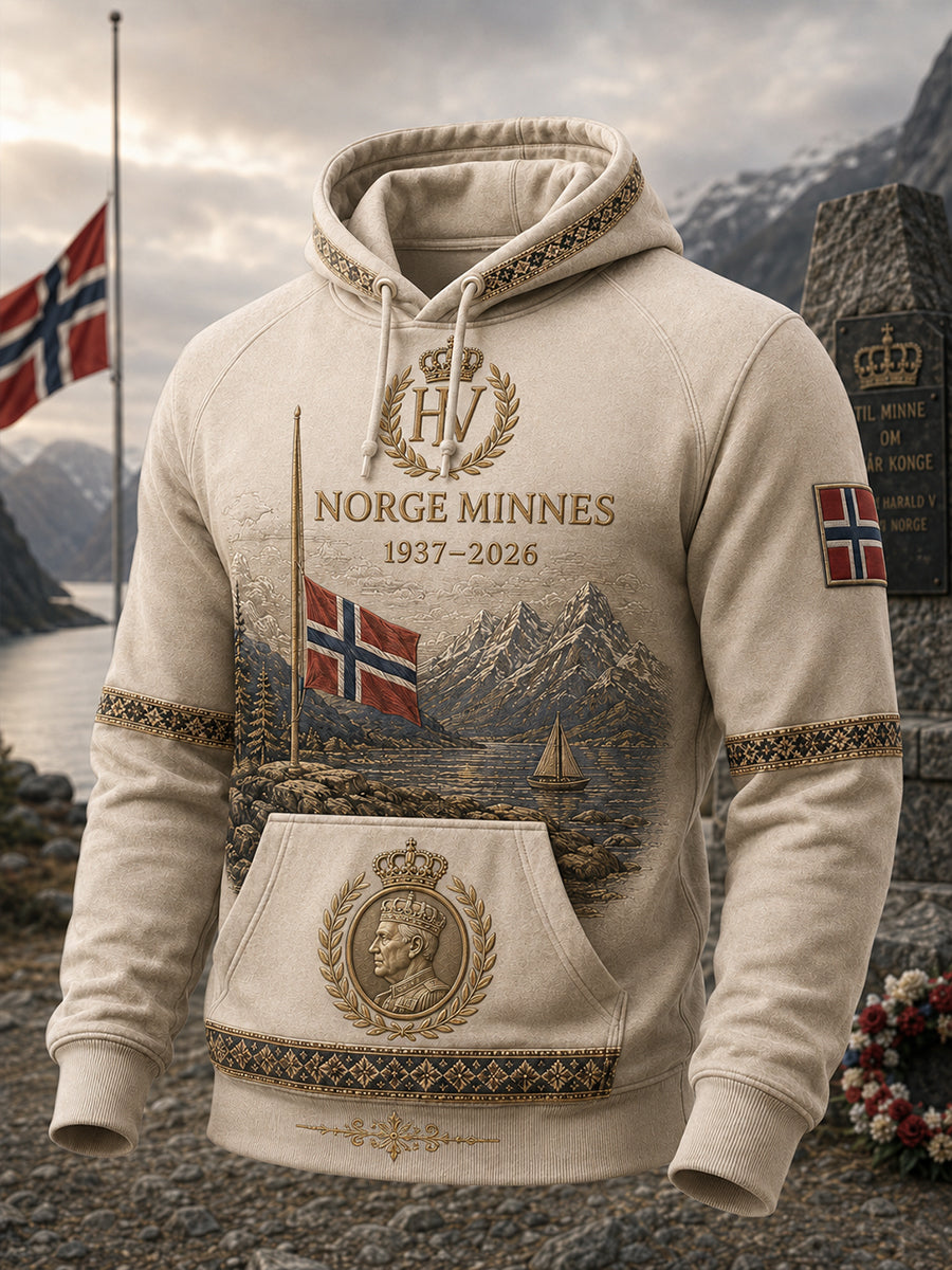 Herrtröja med avbildning av Norges kung Harald V, överdimensionerad huvtröja med fallande axlar och fickor