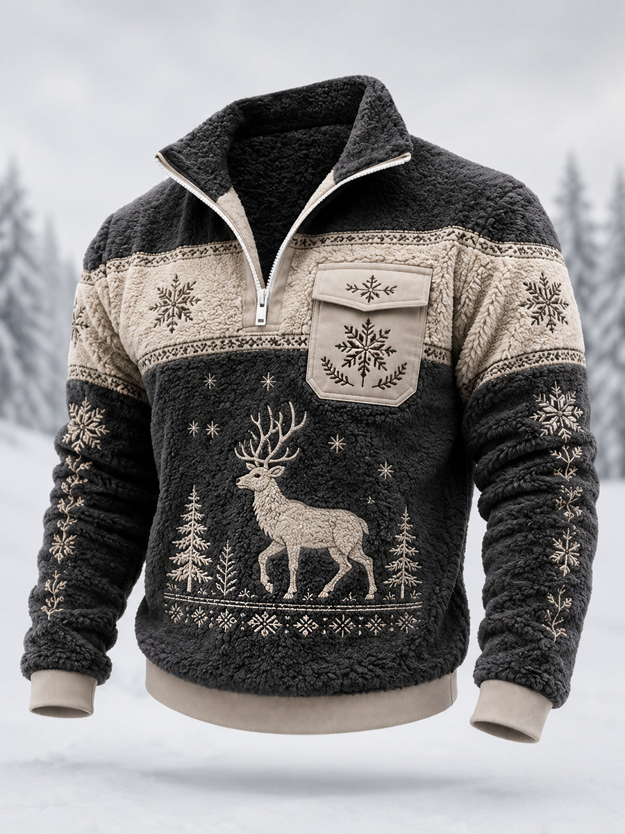 Herrpullover i nordisk stil med renar, plysch och dragkedja