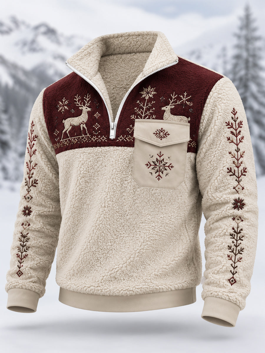 Herrpullover i nordisk stil med renar, plysch och dragkedja