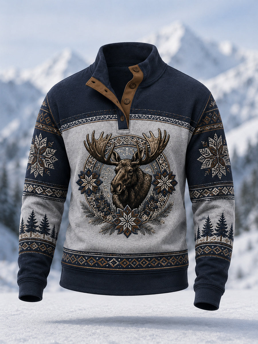 Herrpullover för vintern med älgmönster, vardaglig modell med knappar