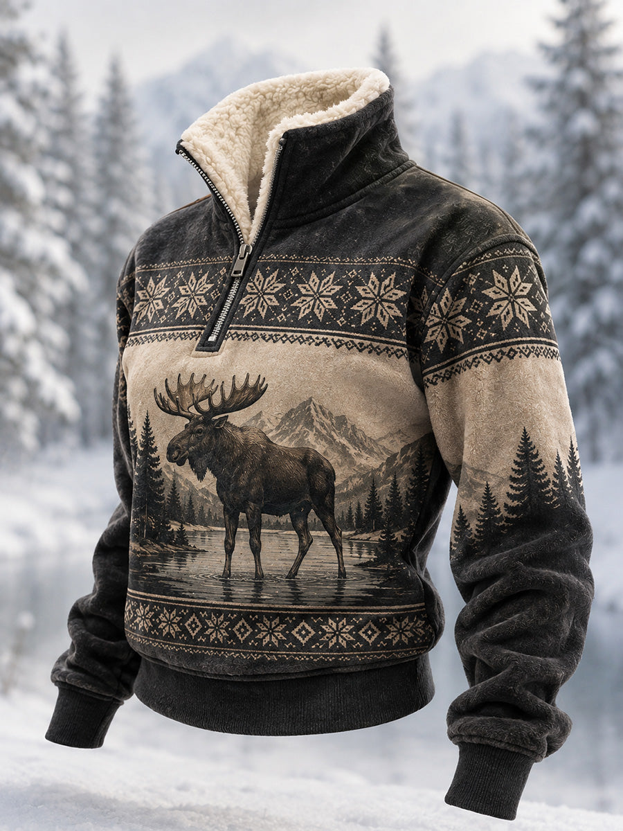 Kvinnors vinter Moose Print Casual Fur Collar Topp