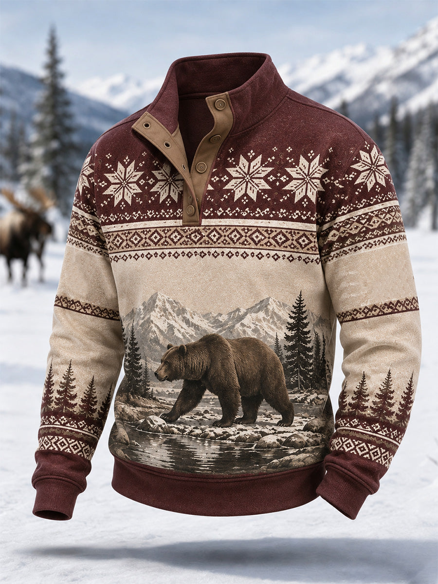 Mäns vinter snöbjörn Print Casual knappar Pullover