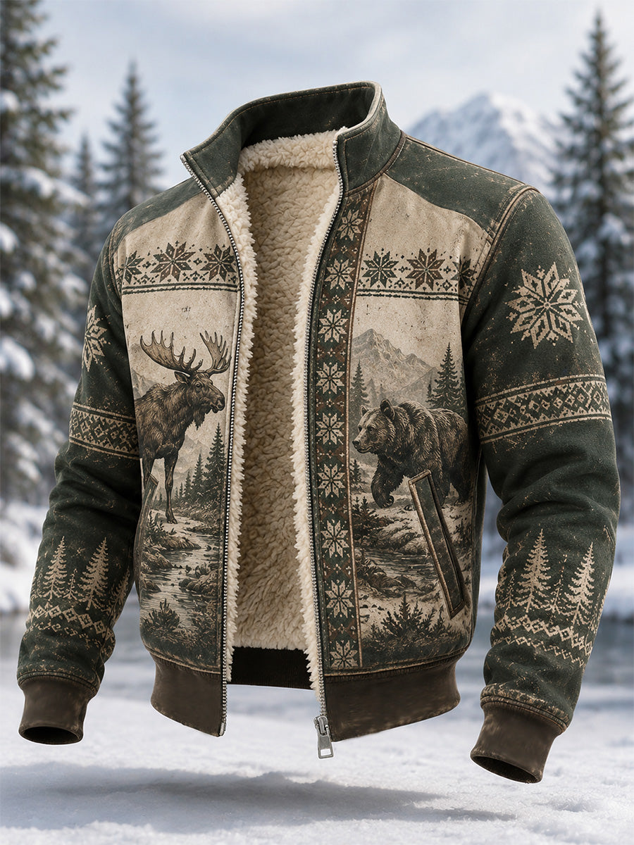 Mäns vinter Moose & Snöbjörn Skriv ut Casual Composite Fleece Jacka