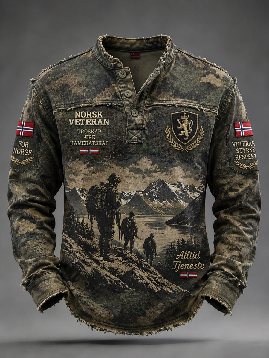 Herrtröja med lång ärm, vintagekamuflage och militärinspirerade mönster