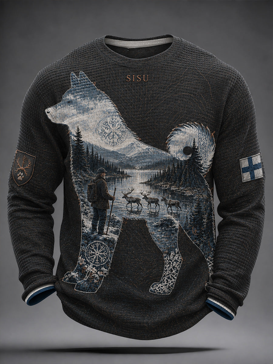 Herrtröja i retro nordisk hundmotiv, casual och bekväm, med våffelstickad struktur
