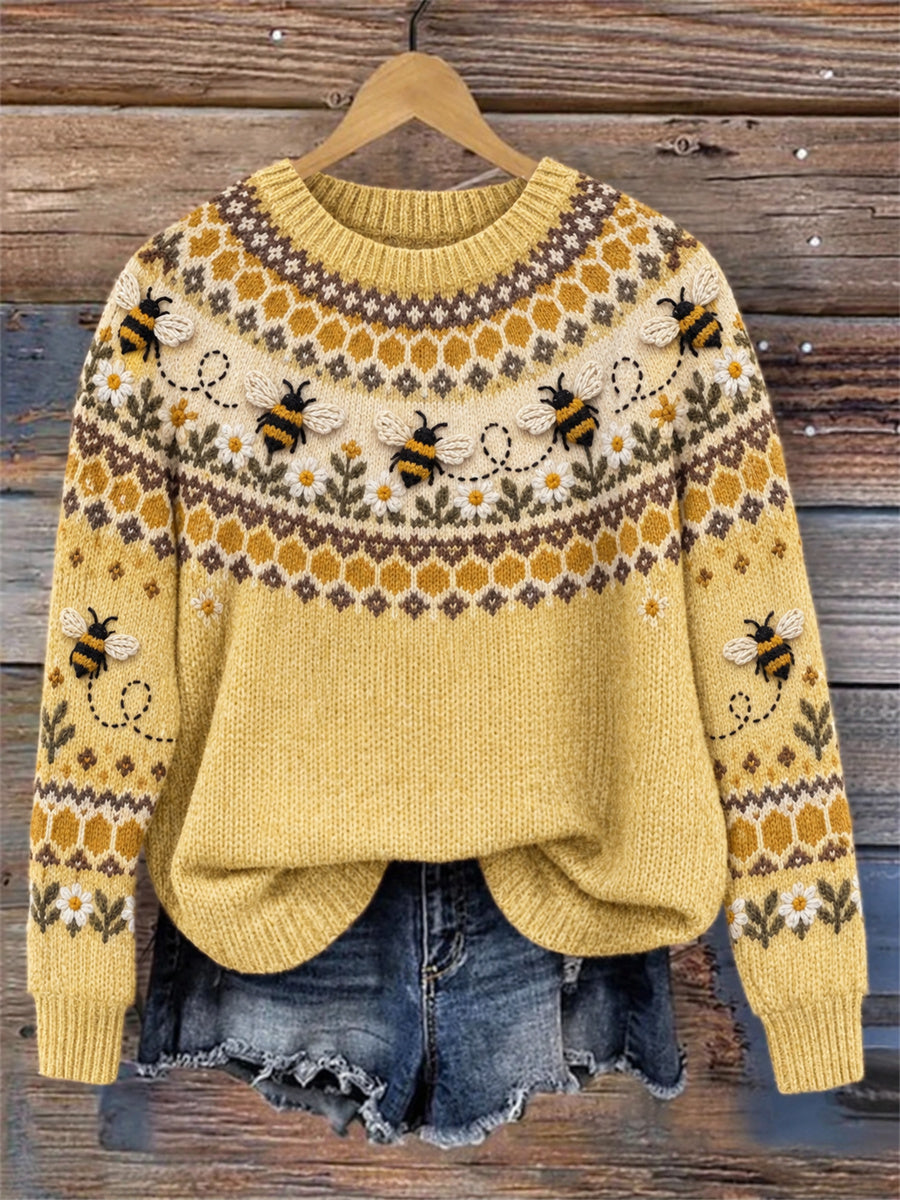 Kvinnors Vintage Flying Bin Daisies Yoke Isle Print besättning hals tröjar