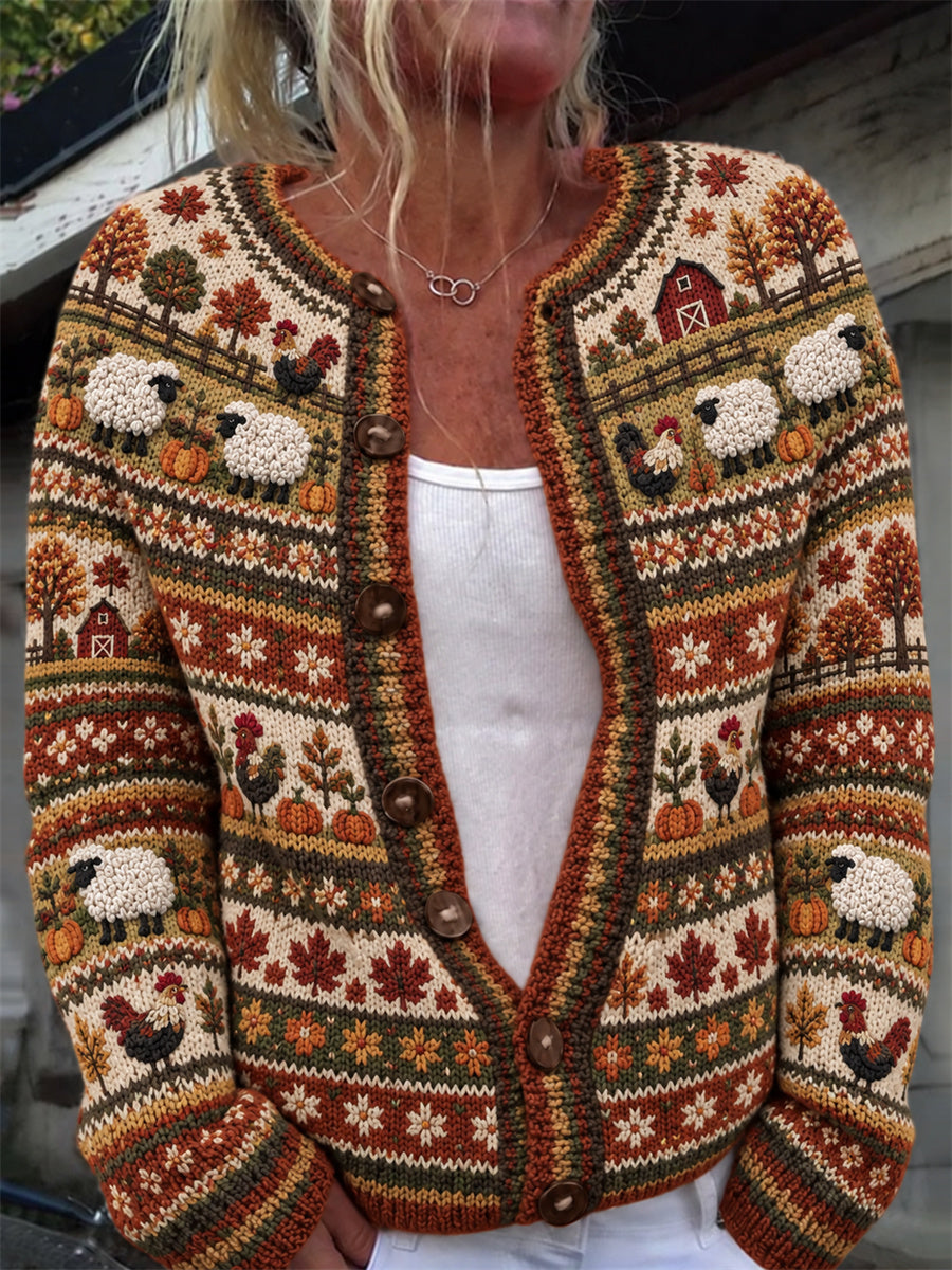 Kvinnors fall gård Djur Skörde säsong Isle Print Cardigan-Style jacka