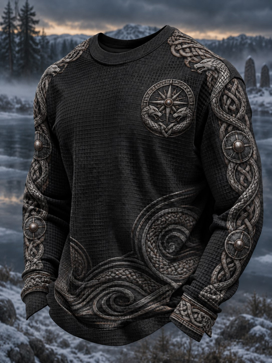 Herrtröja i vafelväv med vikingatryck och lång ärm