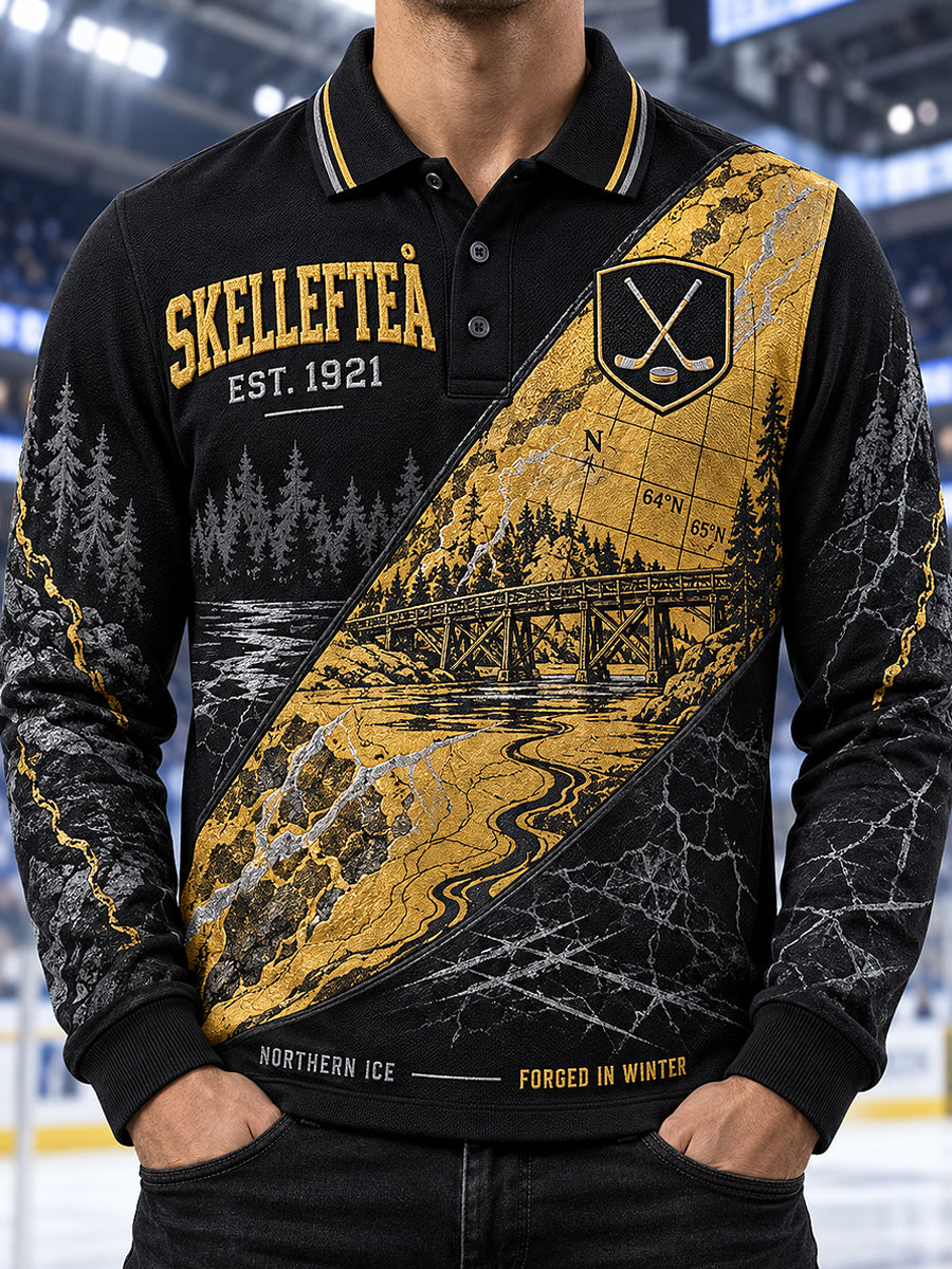 Herrpolskjorta i piké med långa ärmar från Skellefteå, tryckt design