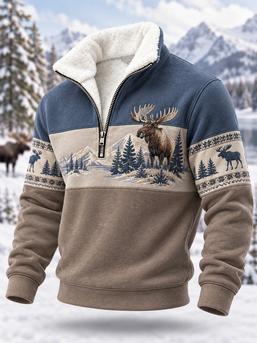 Mäns vinter Moose Print Casual Plush blixtlås Pullovere