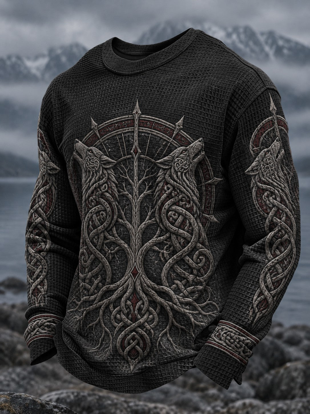 Herrtröja i vafelväv med vikingatryck och lång ärm