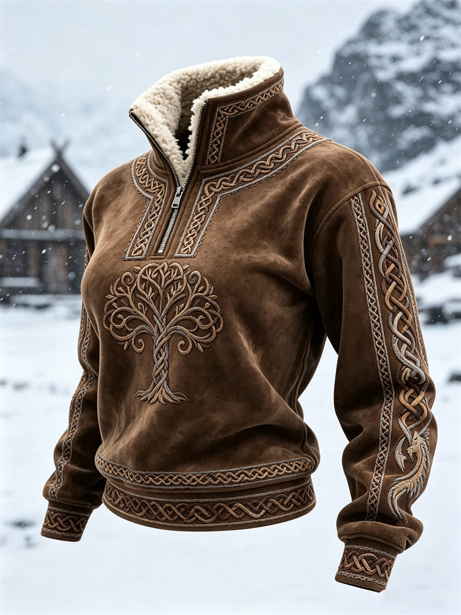 Kvinnlig vintage vikingisk Livets träd med keltiskt knutmönster, mysig topp med pälskrage