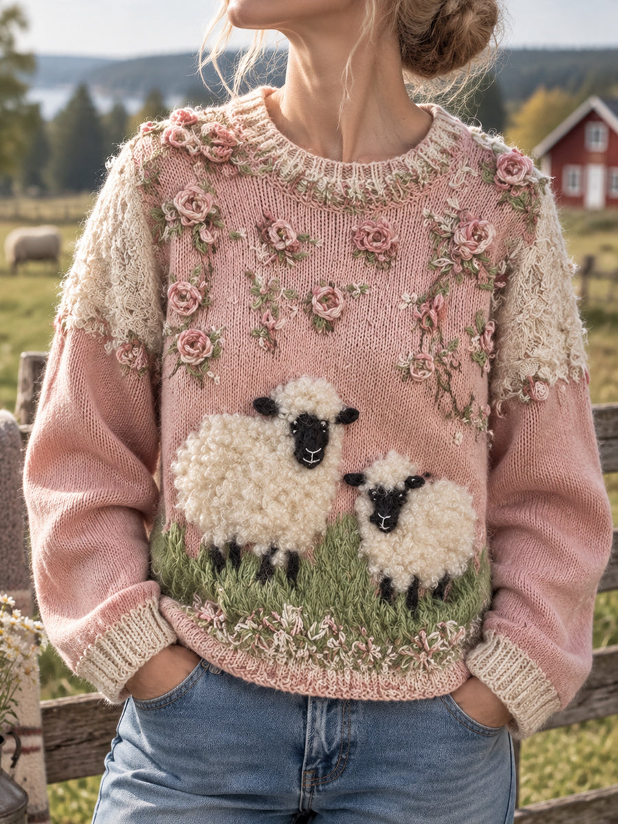 Damer Retro Lantlig Bondgård Får och Blomma Tröja