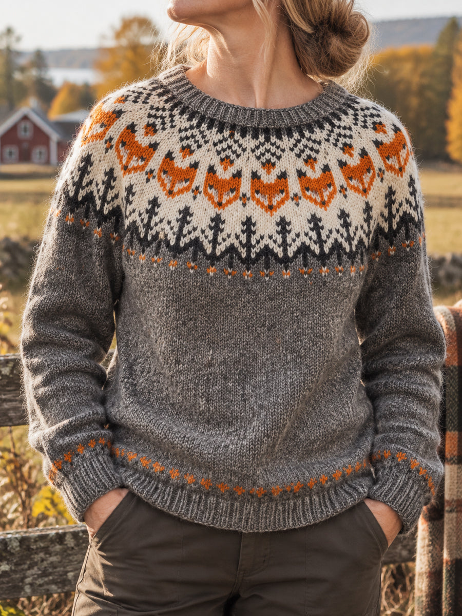 Kvinnlig vintagestickad tröja i lantlig stil med rävmönster