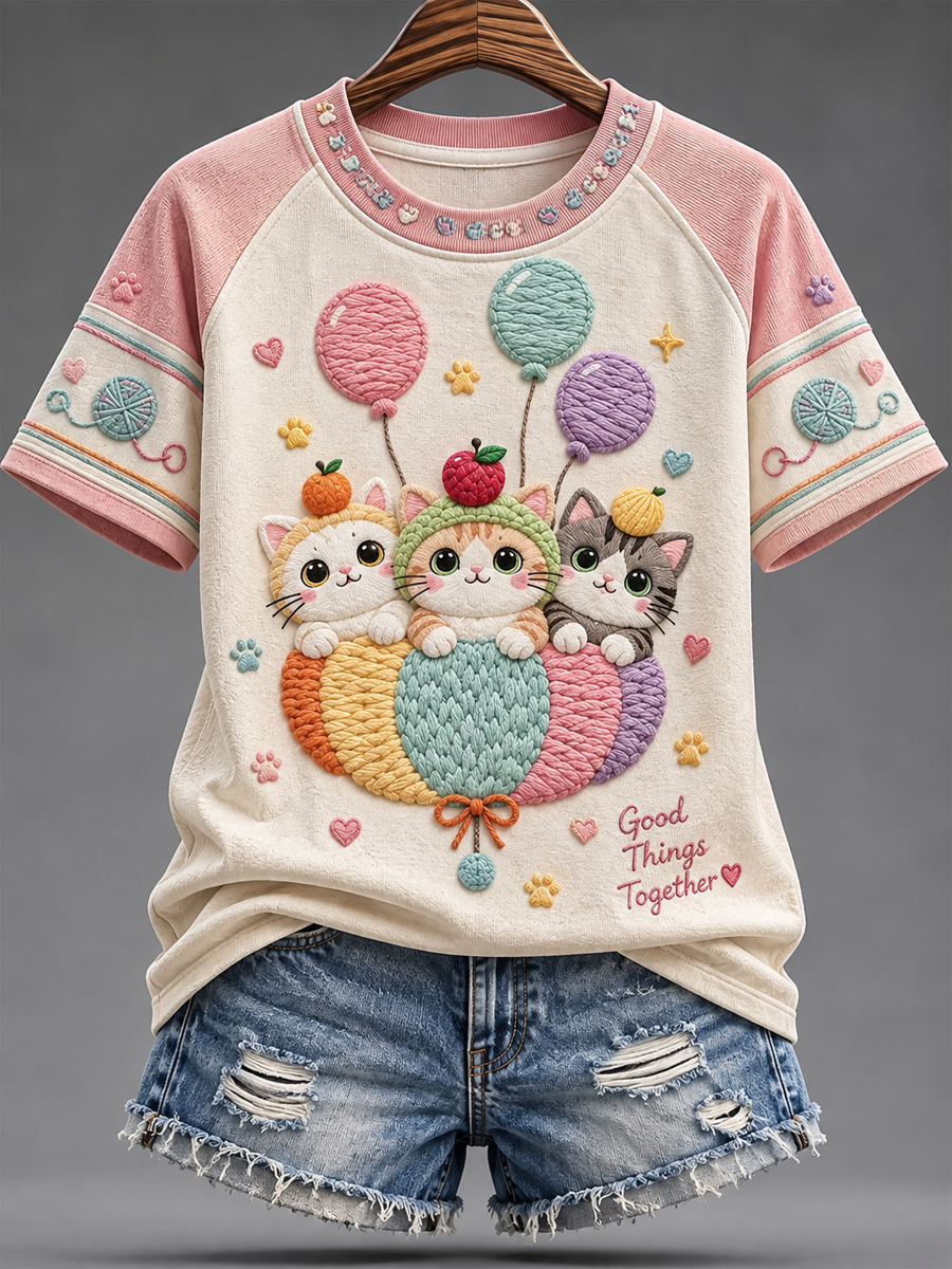Damens söt katt tryck rund hals kort ärm T-shirt
