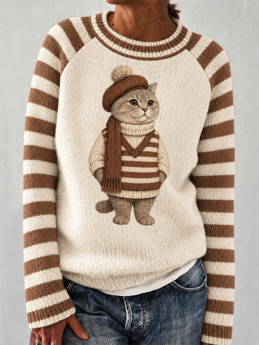 Söt vintertröja för kvinnor med kattmönster, i ledig stil