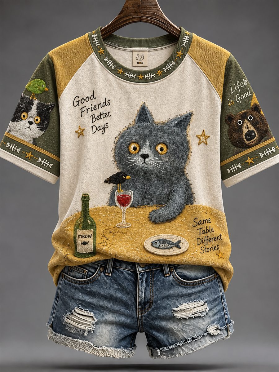 Söt t-shirt med kattmönster och korta ärmarna för kvinnor