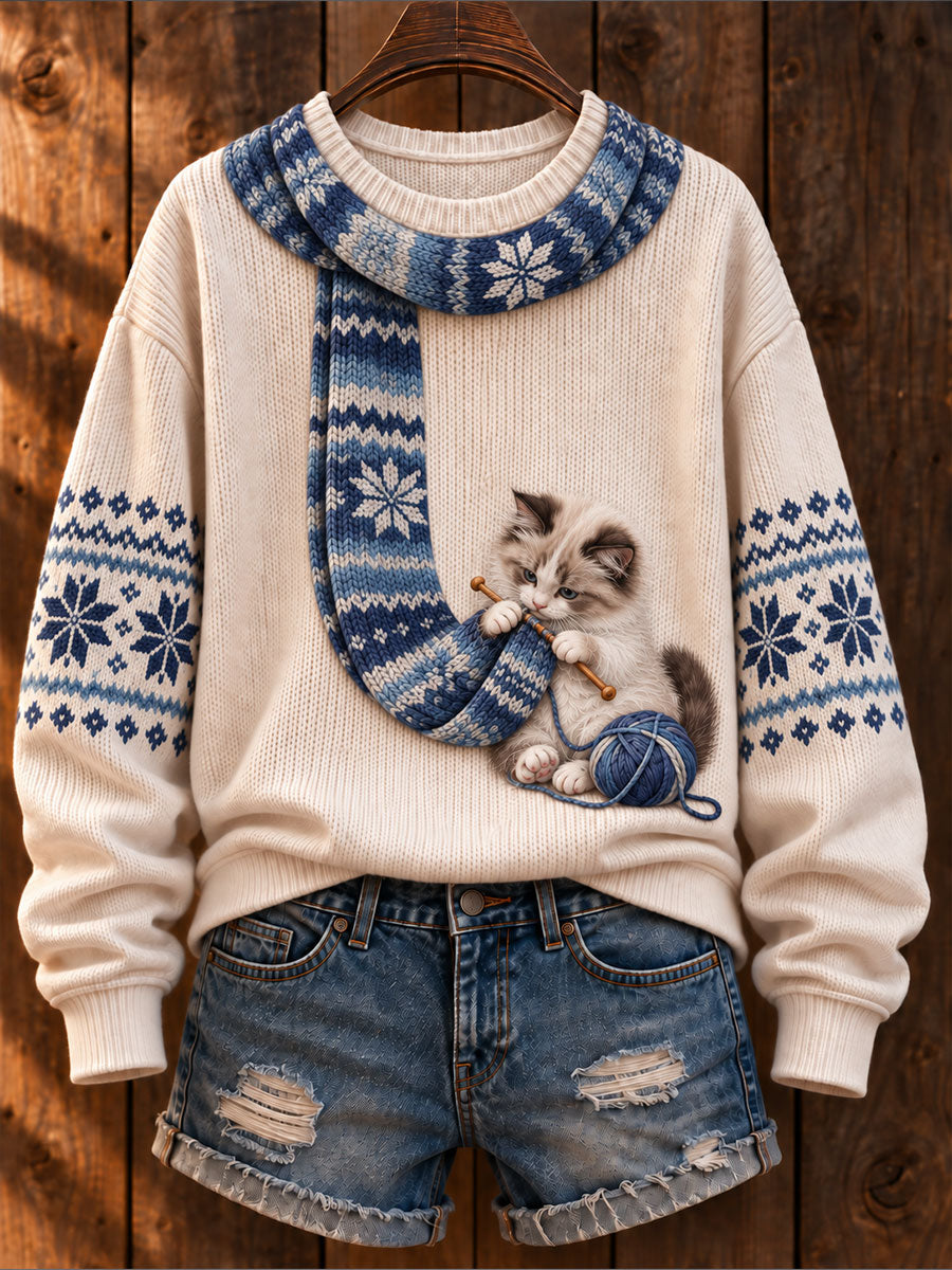 Kvinnor "katt sticka en scarf" Ragdoll Katt konst-Print Casual Tröjar
