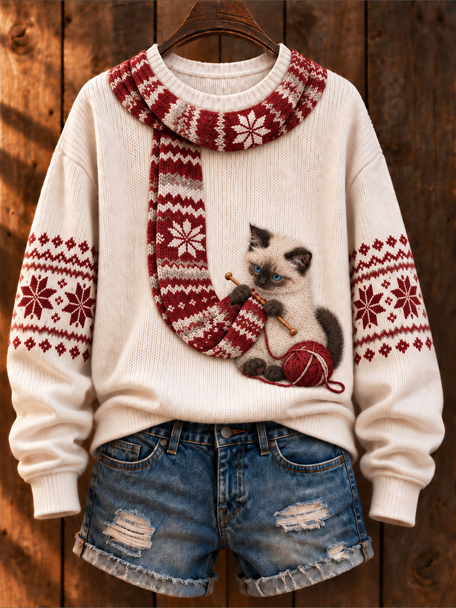 Kvinnors "katt sticka en scarf" Siamese katt konst-Print Casual tröjar