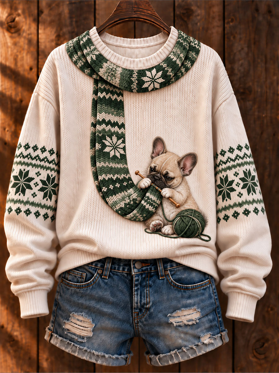 Kvinnors "Hun sticka en scarf" Franska Bulldog konst-Print Casual Tröjar