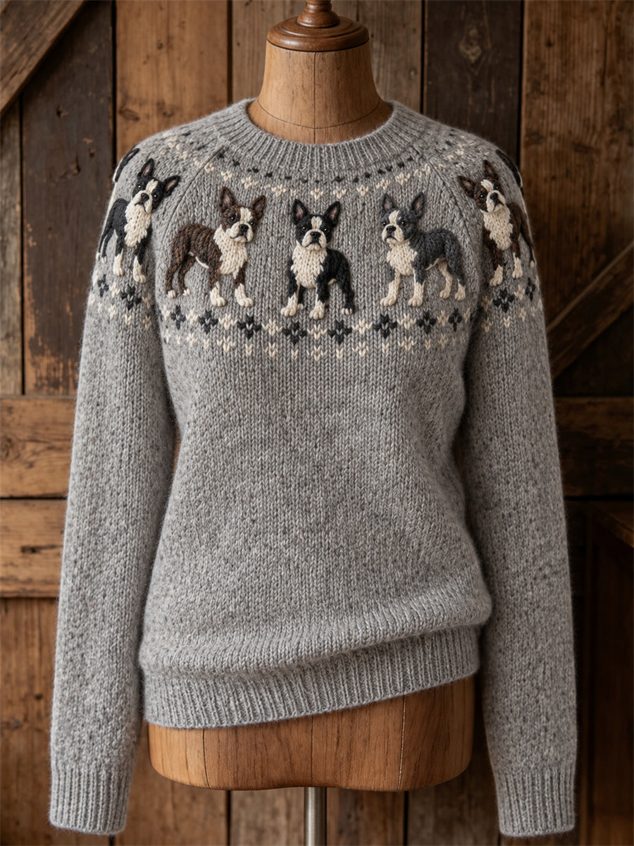 Kvinnors Vintage Boston Terrier hundar Yoke Isle Print besättning hals tröjar